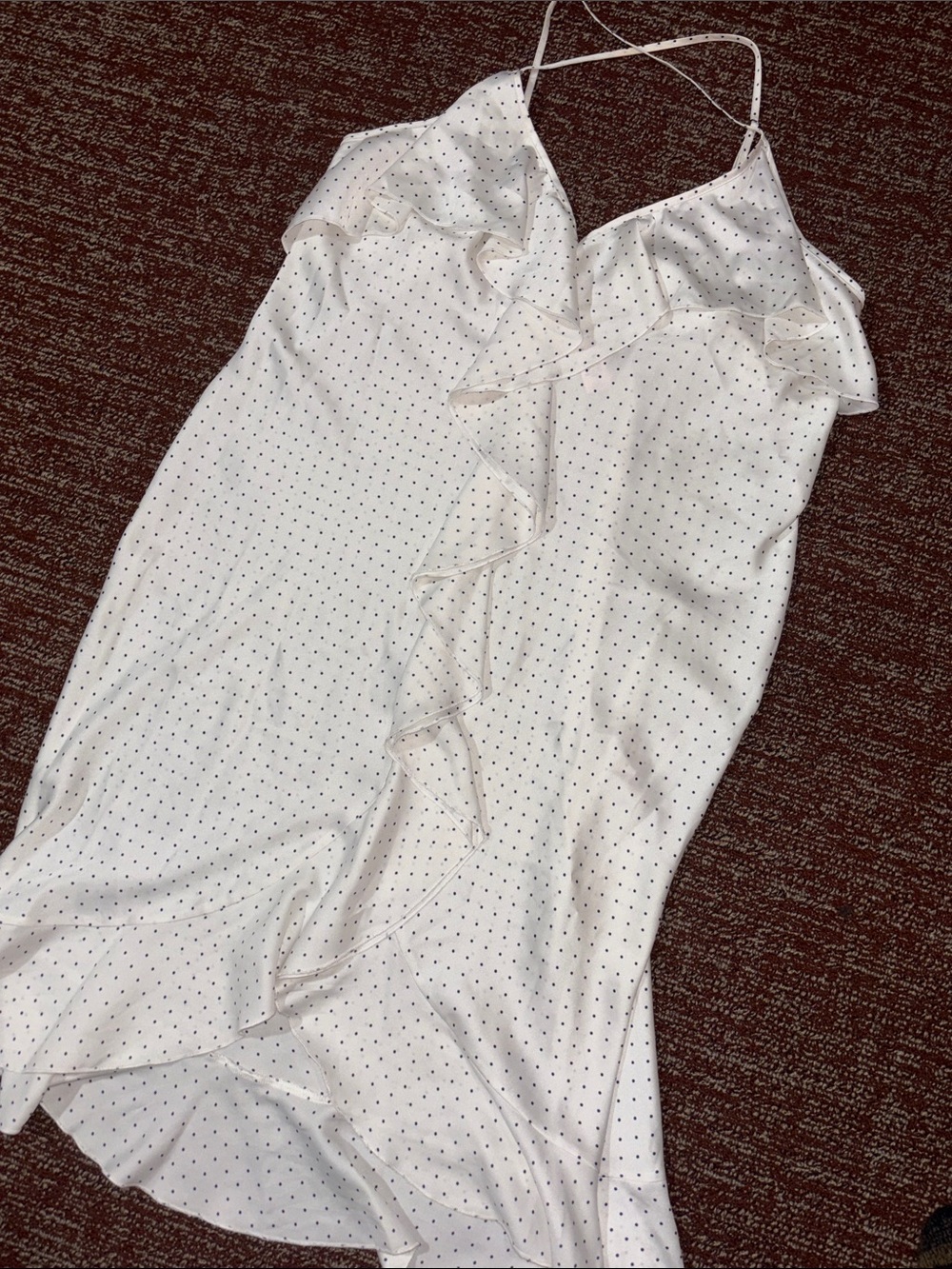 White satin ruffle neckline/hem ruffle front polka dot slip dress women’s large